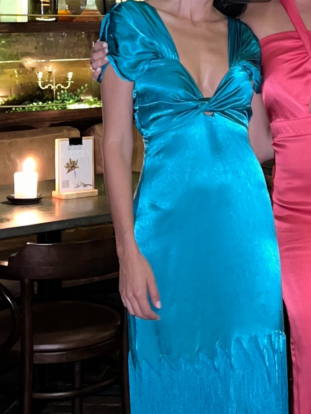 Teal Satin Twist-Front Evening Dress
